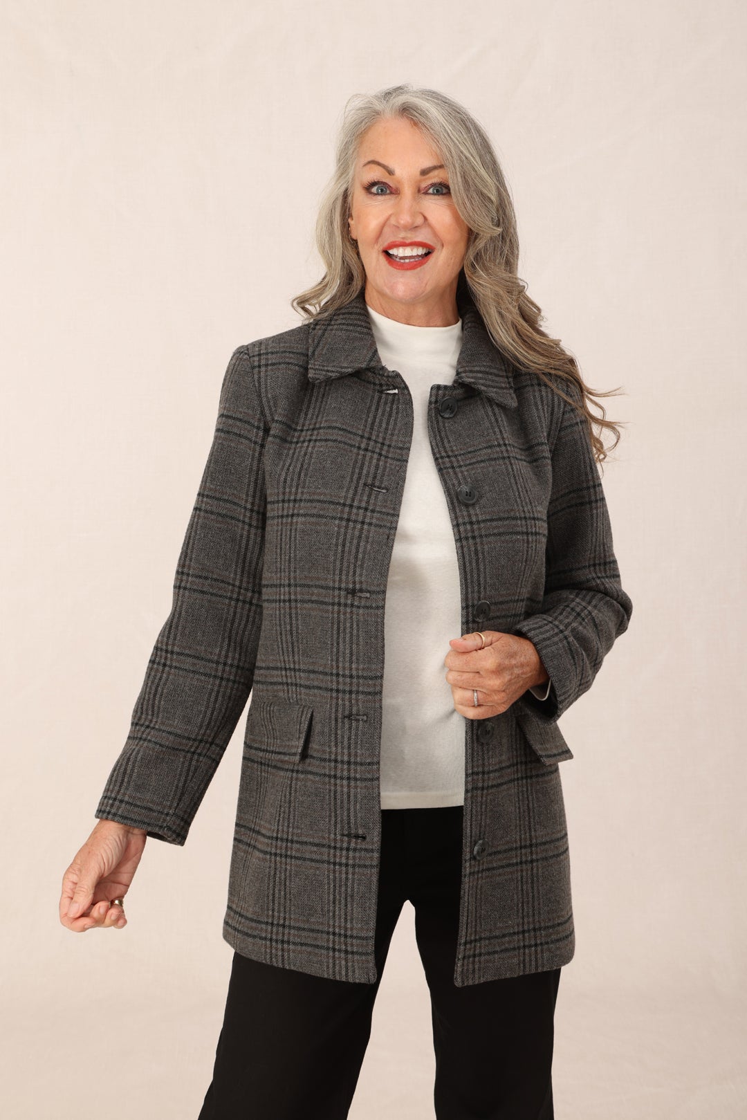 Textured Check Coat in Silver | Caroline Eve