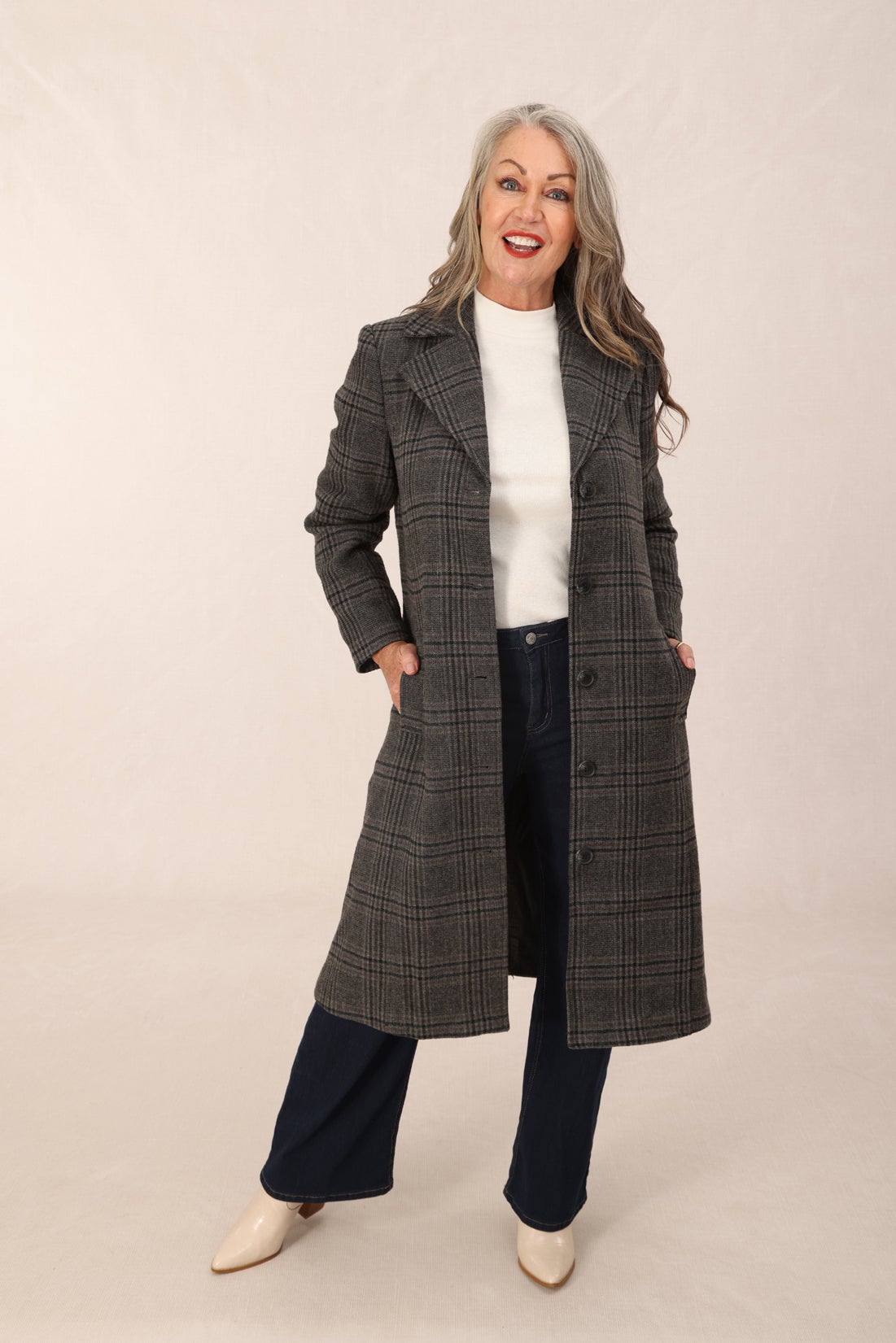 Textured Check Coat in Silver | Caroline Eve