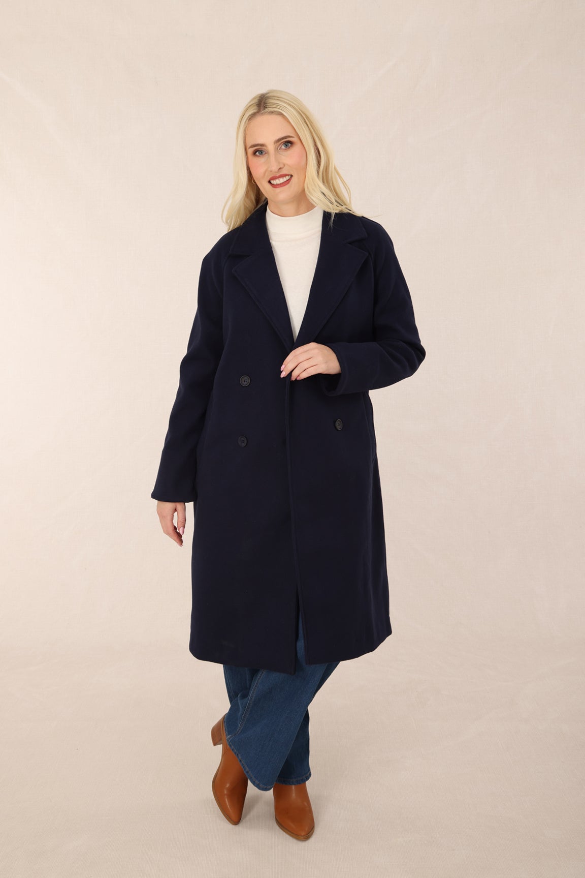 Textured Double Breasted Coat in Navy | Caroline Eve