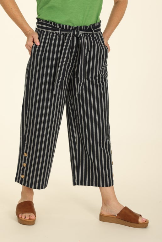 Linen Blend Stripe Crop Pant in Blue | Caroline Eve