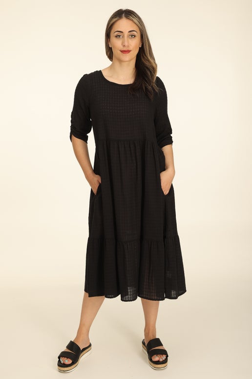 Cotton Mini Check Tiered Dress in Black | Caroline Eve