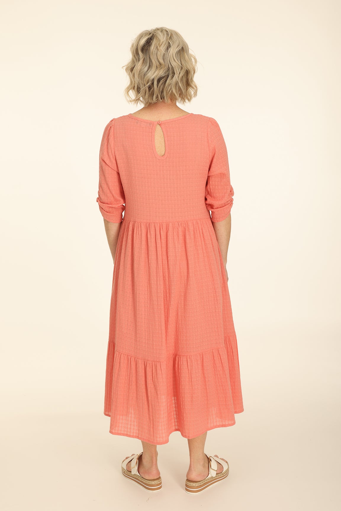Cotton Mini Check Tiered Dress in Coral Caroline Eve