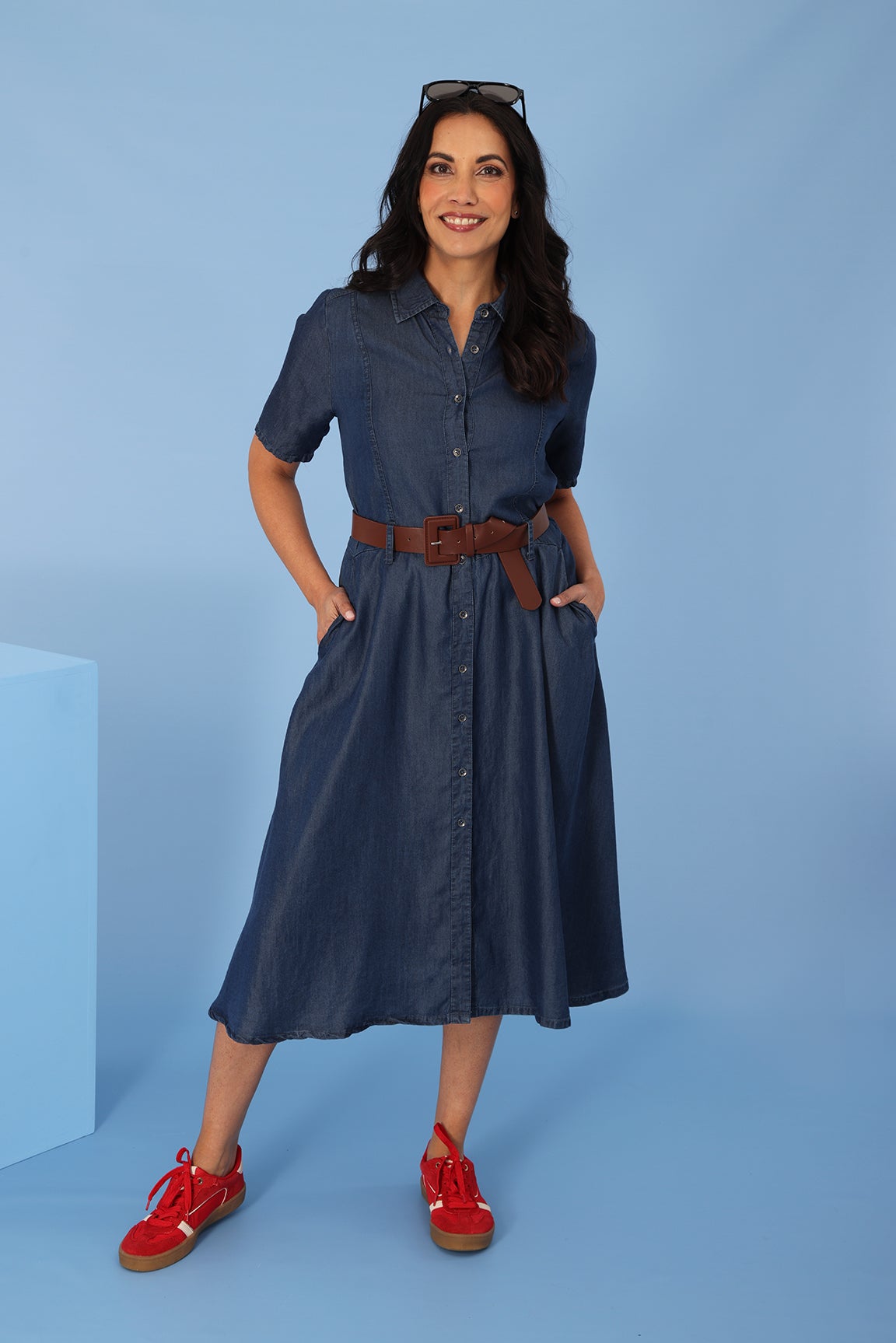 Tencel Chambray Dress With Belt in Blue | Caroline Eve