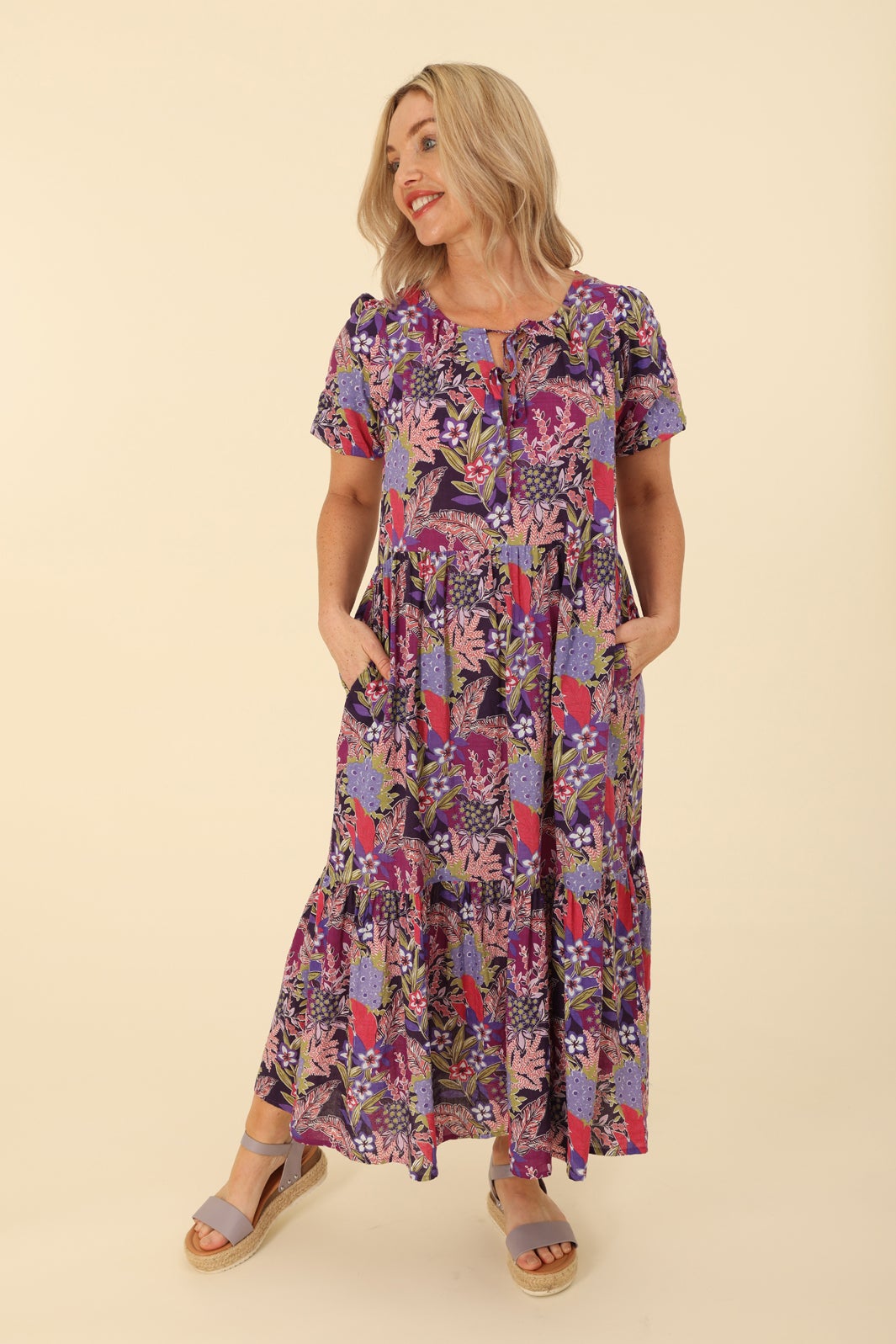 Printed Rayon Cotton Dress in Purple | Caroline Eve