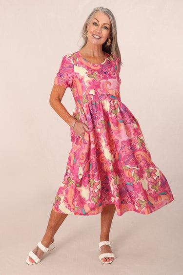 Printed Linen Blend Dress in Pink | Caroline Eve