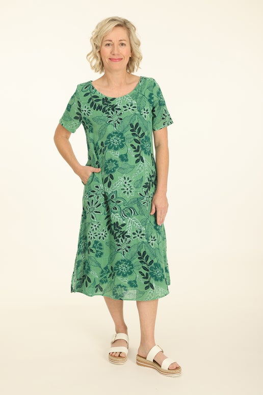 Printed 100% Cotton Dress in Green | Caroline Eve