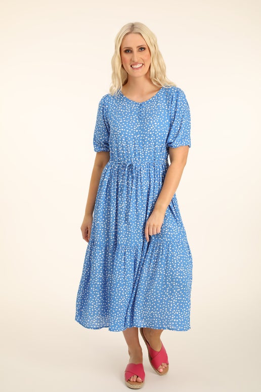 Printed Rayon Dress in Blue | Caroline Eve