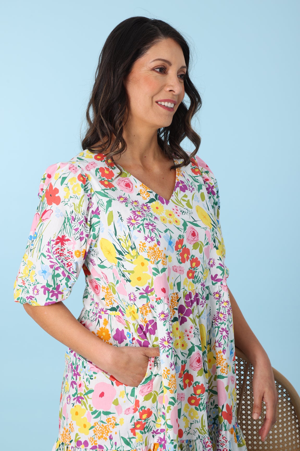 Printed 100% Cotton Dress With Puff Half Sleeve in Multi