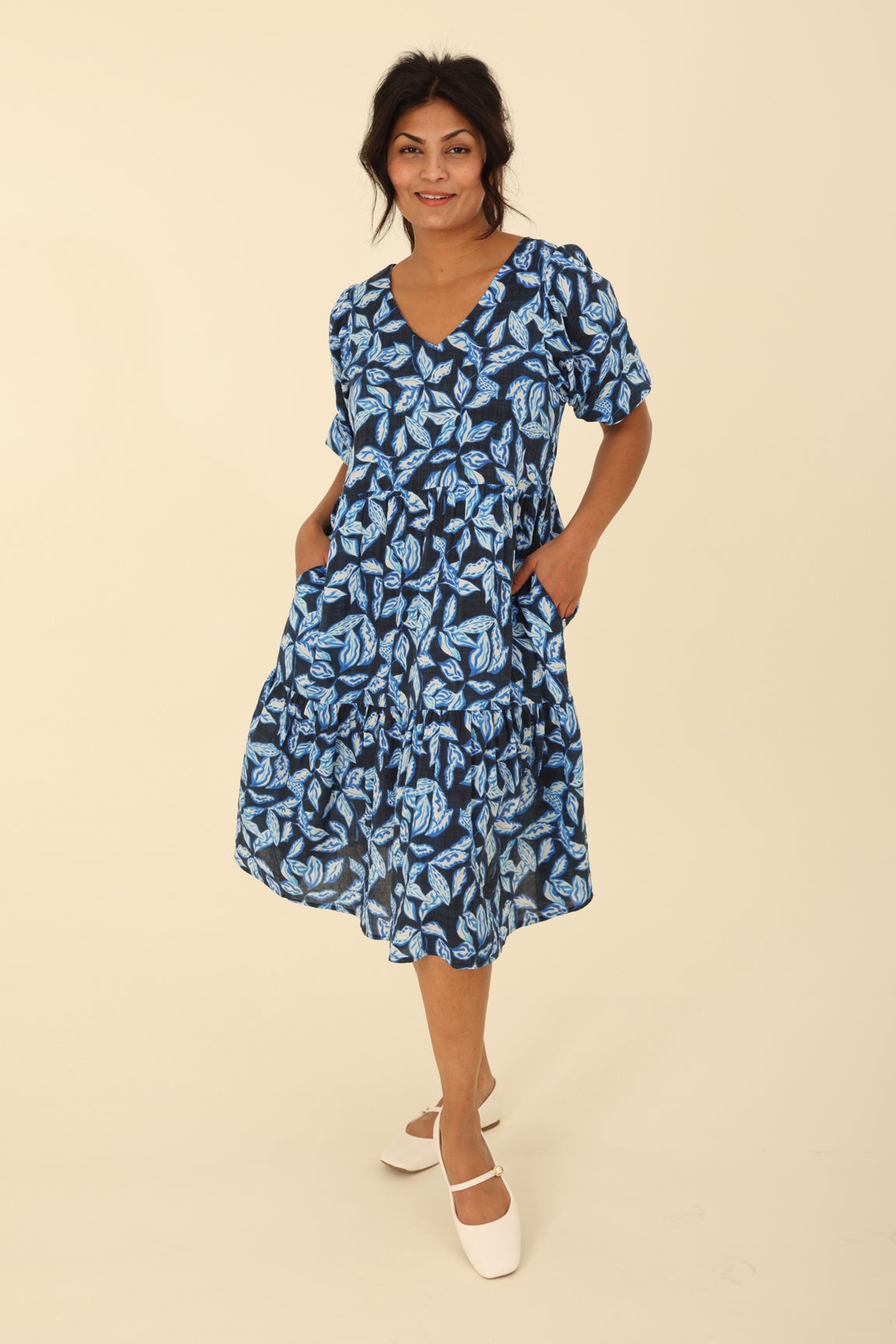 Printed Rayon Cotton Dress in Navy | Caroline Eve