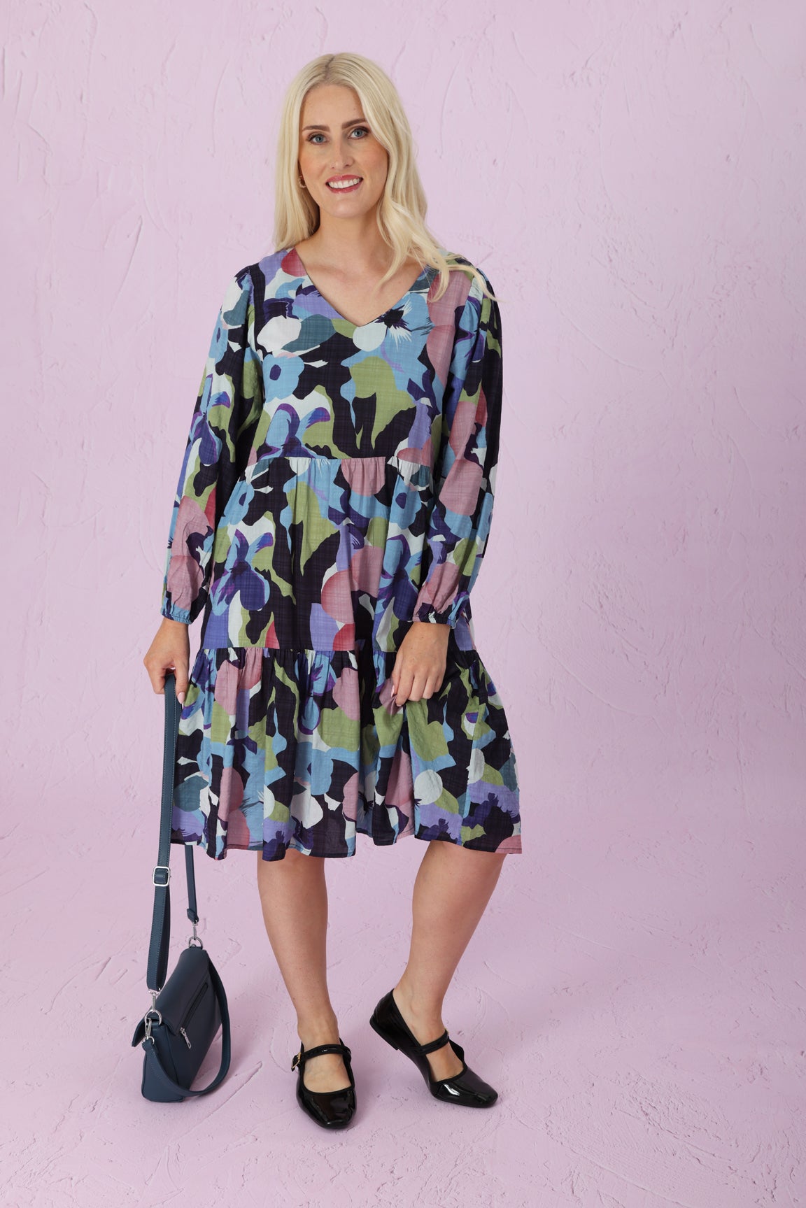 Printed Rayon Cotton V-neck Dress in Navy
