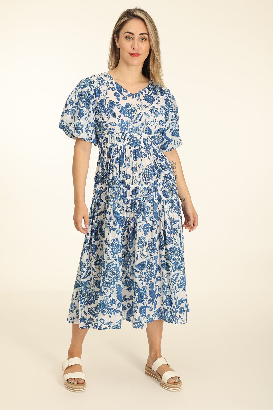 Fancy Printed 100 Cotton Dress in Blue Caroline Eve