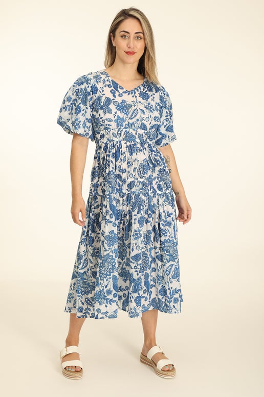 Fancy Printed 100% Cotton Dress in Blue | Caroline Eve