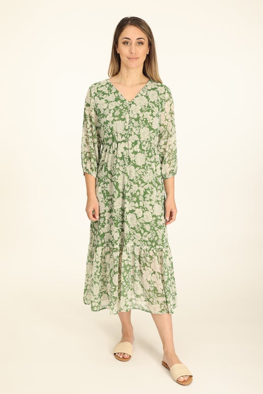 Printed Yoryu Chiffon Dress in Green | Caroline Eve