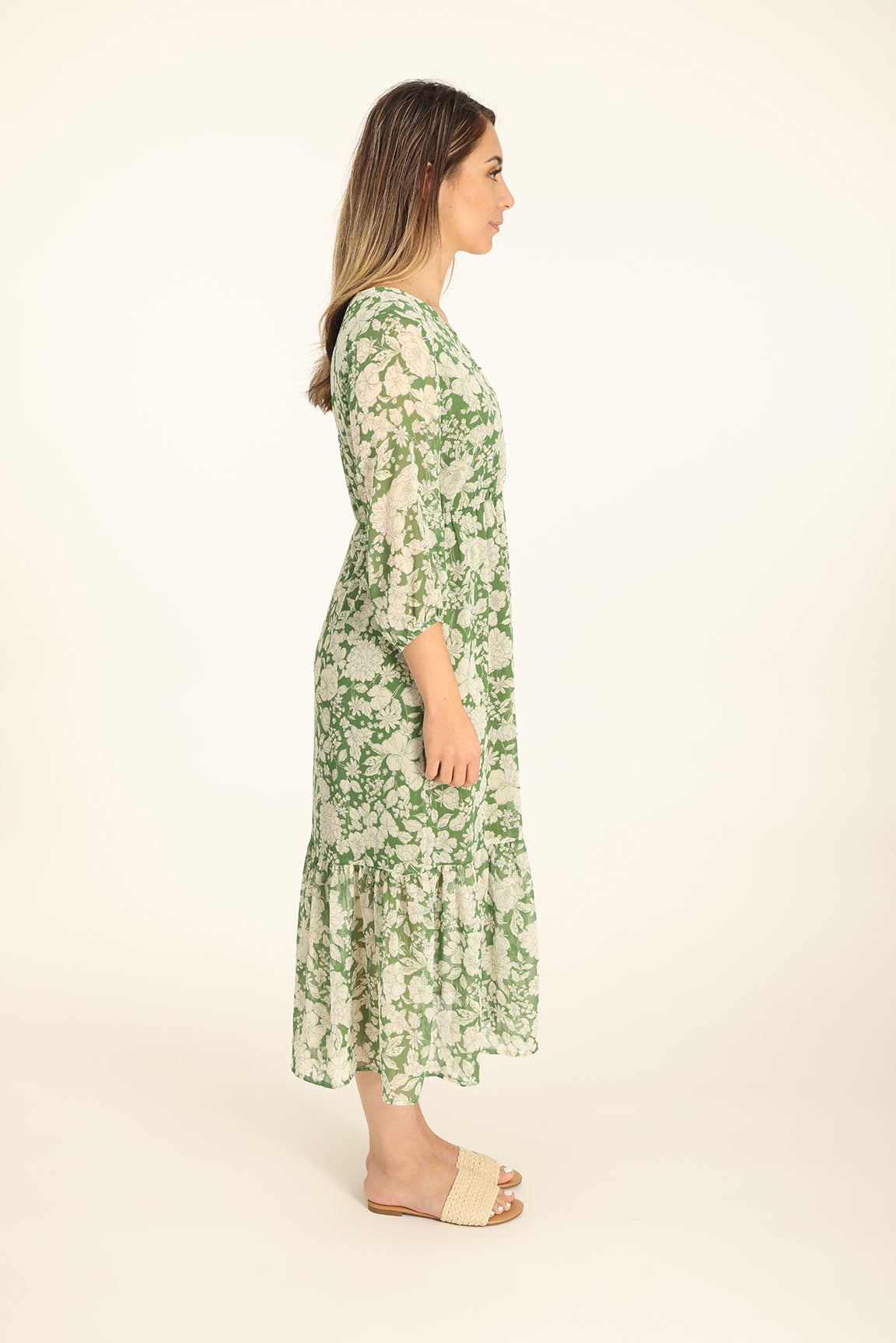 Printed Yoryu Chiffon Dress in Green | Caroline Eve