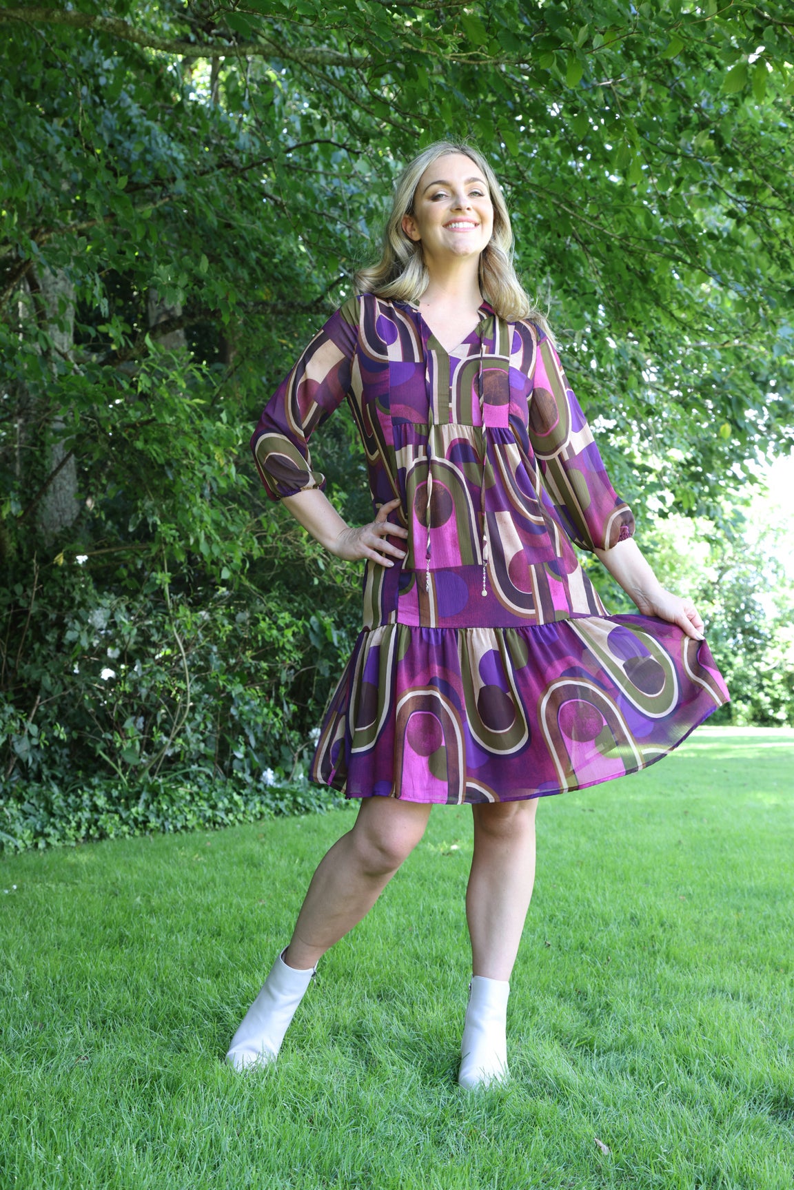 Printed Yoryu Chiffon Dress in Purple | Caroline Eve
