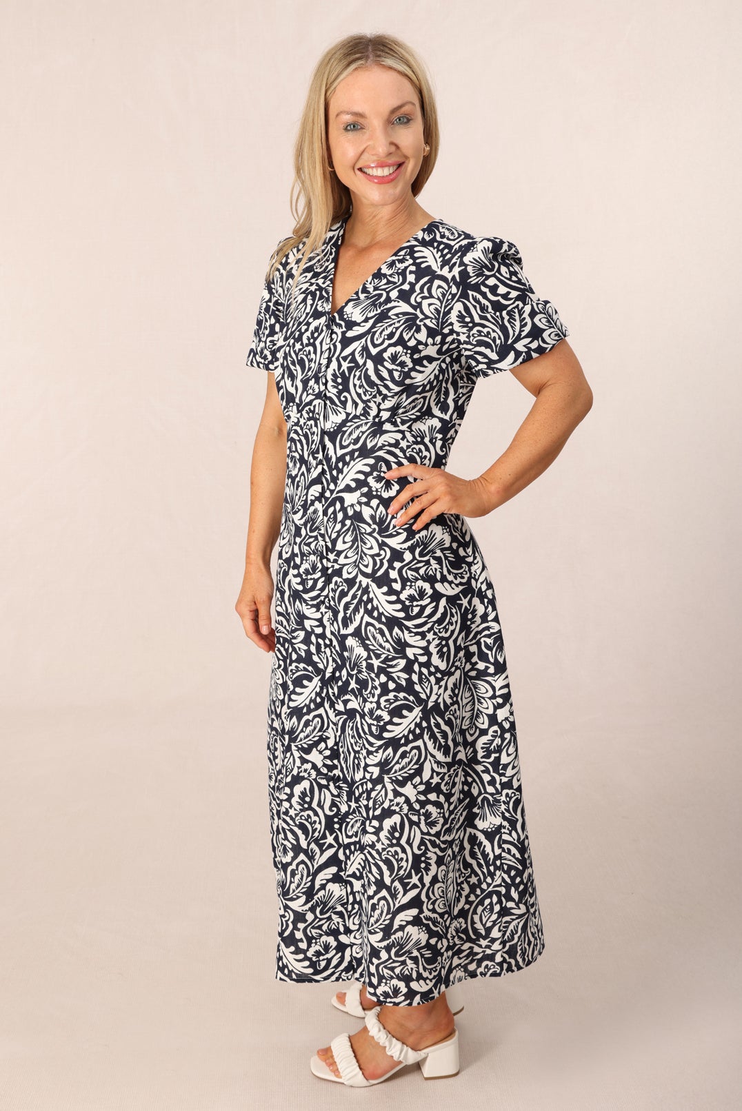 Printed Linen Look Dress in Navy | Caroline Eve