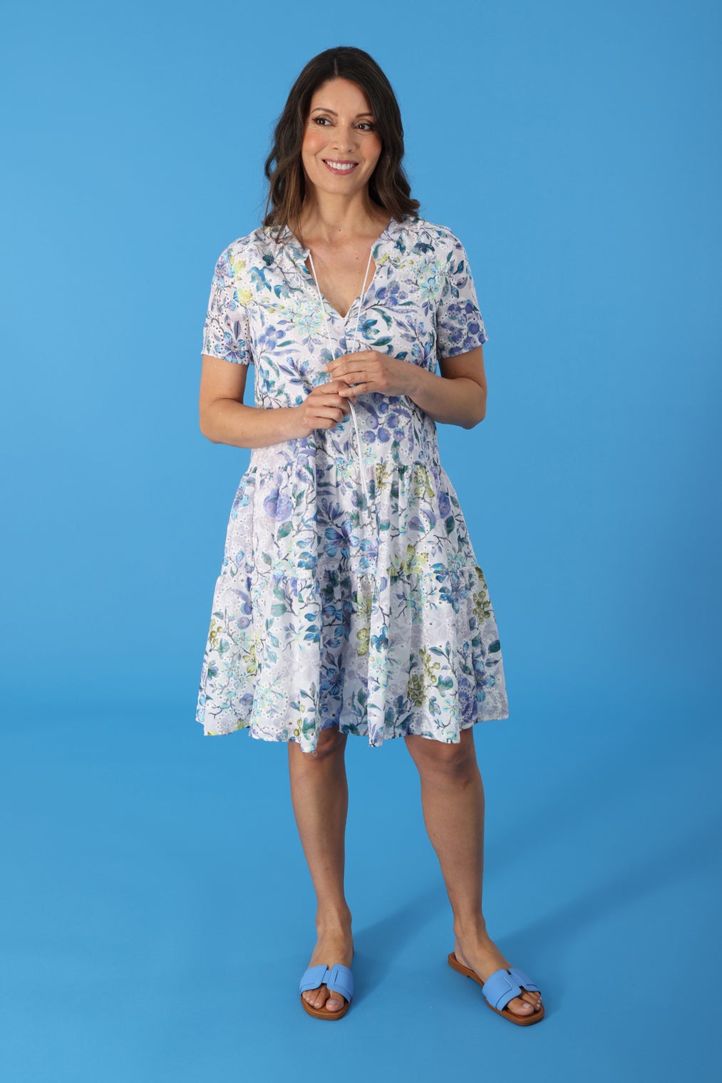 Printed Broderie Anglaise Dress in Blue | Caroline Eve Printed Broderie Anglaise Dress in Blue | Caroline Eve