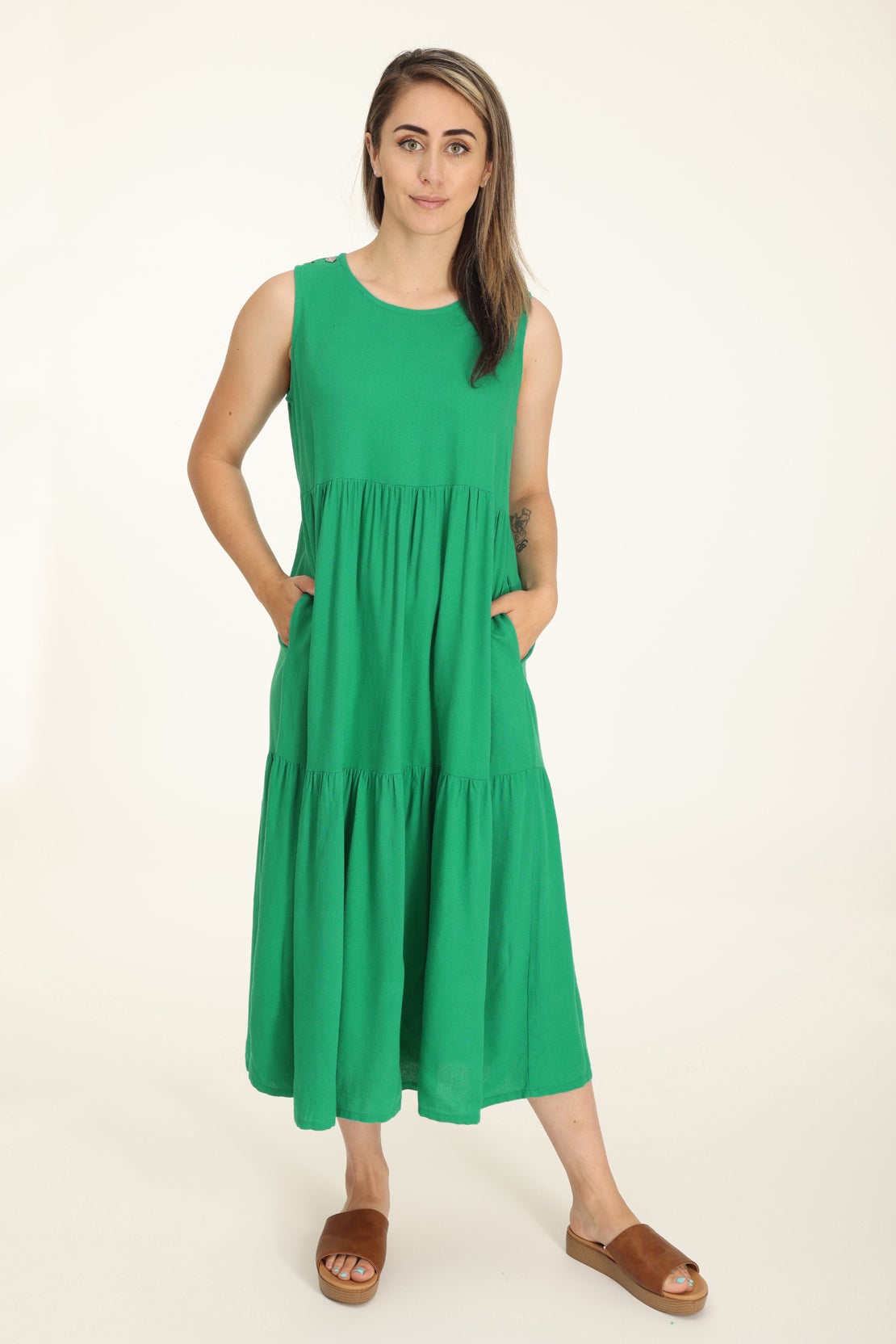 Linen Blend Dress in Green | Caroline Eve