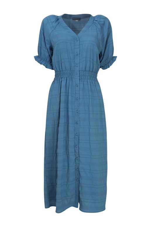 Textured Self Check Dress in Blue | Caroline Eve