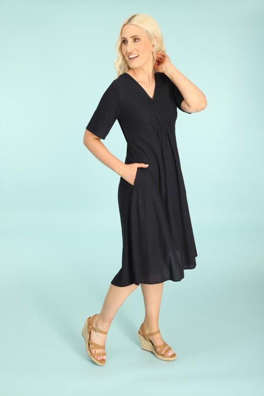 Linen Blend Dress in Navy | Caroline Eve