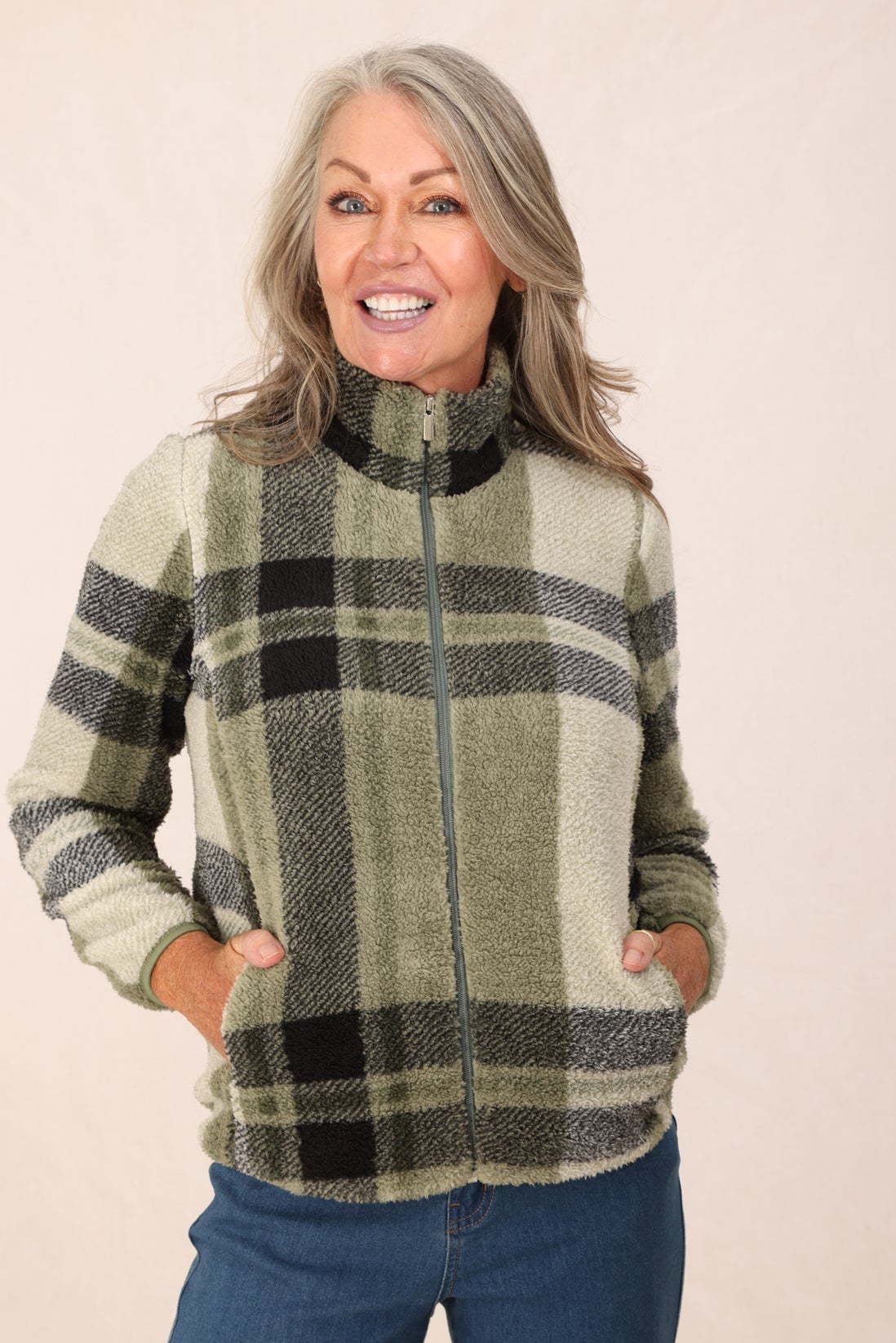 Printed Teddy Fleece Jacket in Green | Caroline Eve