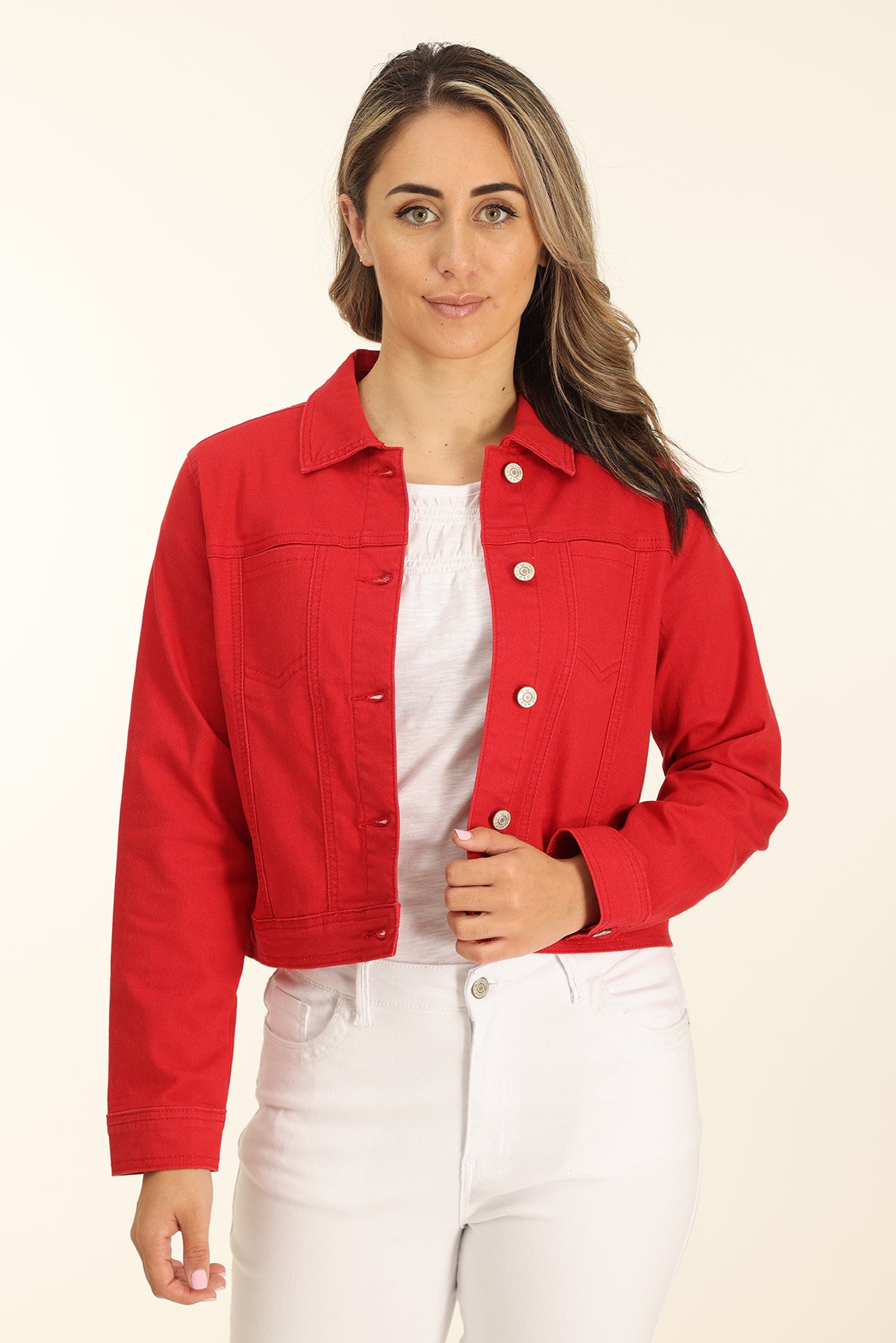 Deep Red Cropped Denim Jacket