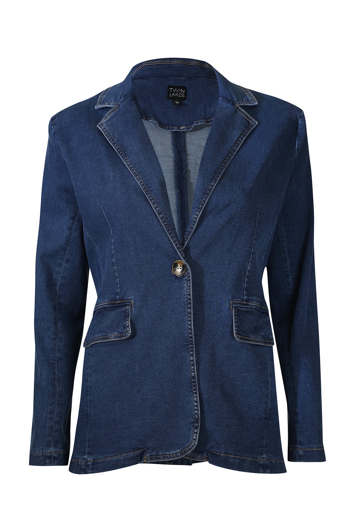 Revere Collar Wonder Denim Jacket in Blue Caroline Eve