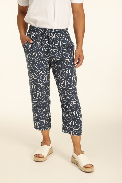 Printed Rayon Mid Calf Pant in Blue Caroline Eve