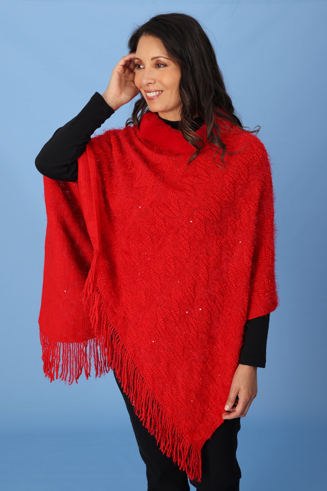 Shaggy Knit Layer Poncho in Red | Caroline Eve
