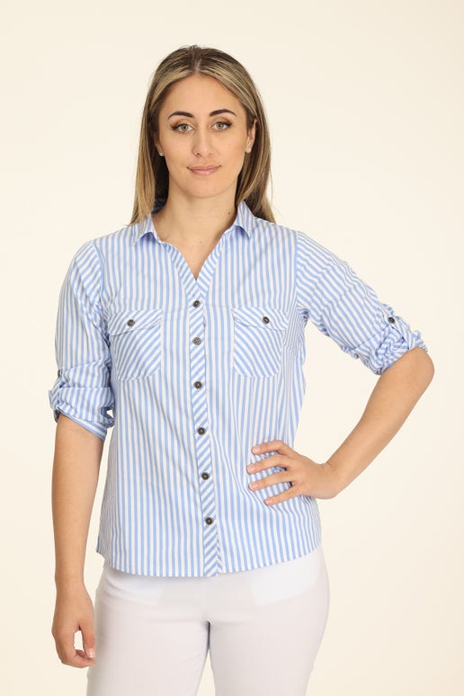 Cotton Rich Stretch Shirt in Blue | Caroline Eve