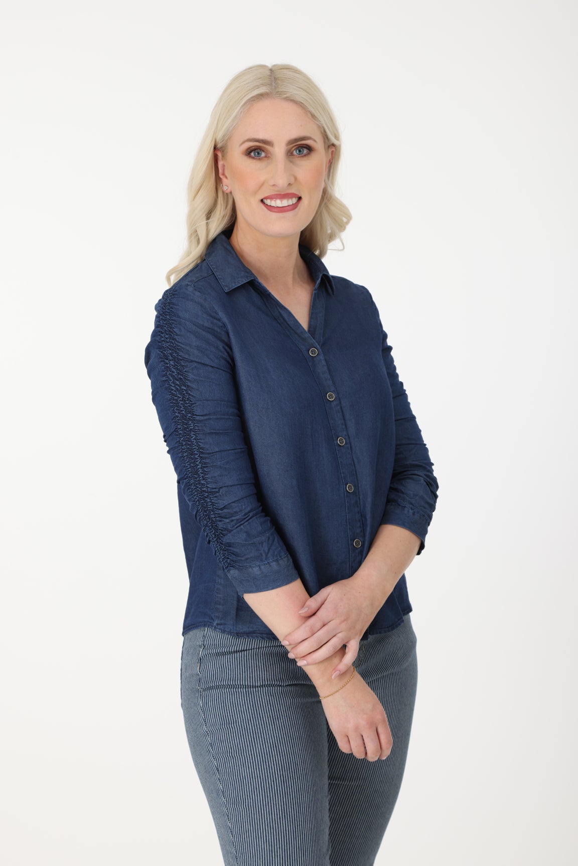 Button Through Tencel Chambray Shirt in Blue | Caroline Eve