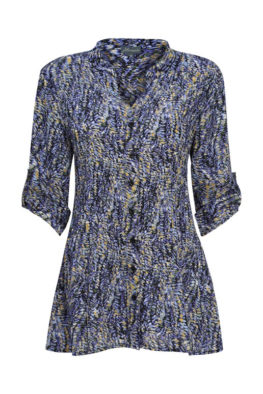 Pleated Printed Georgette Shirt in Blue | Caroline Eve