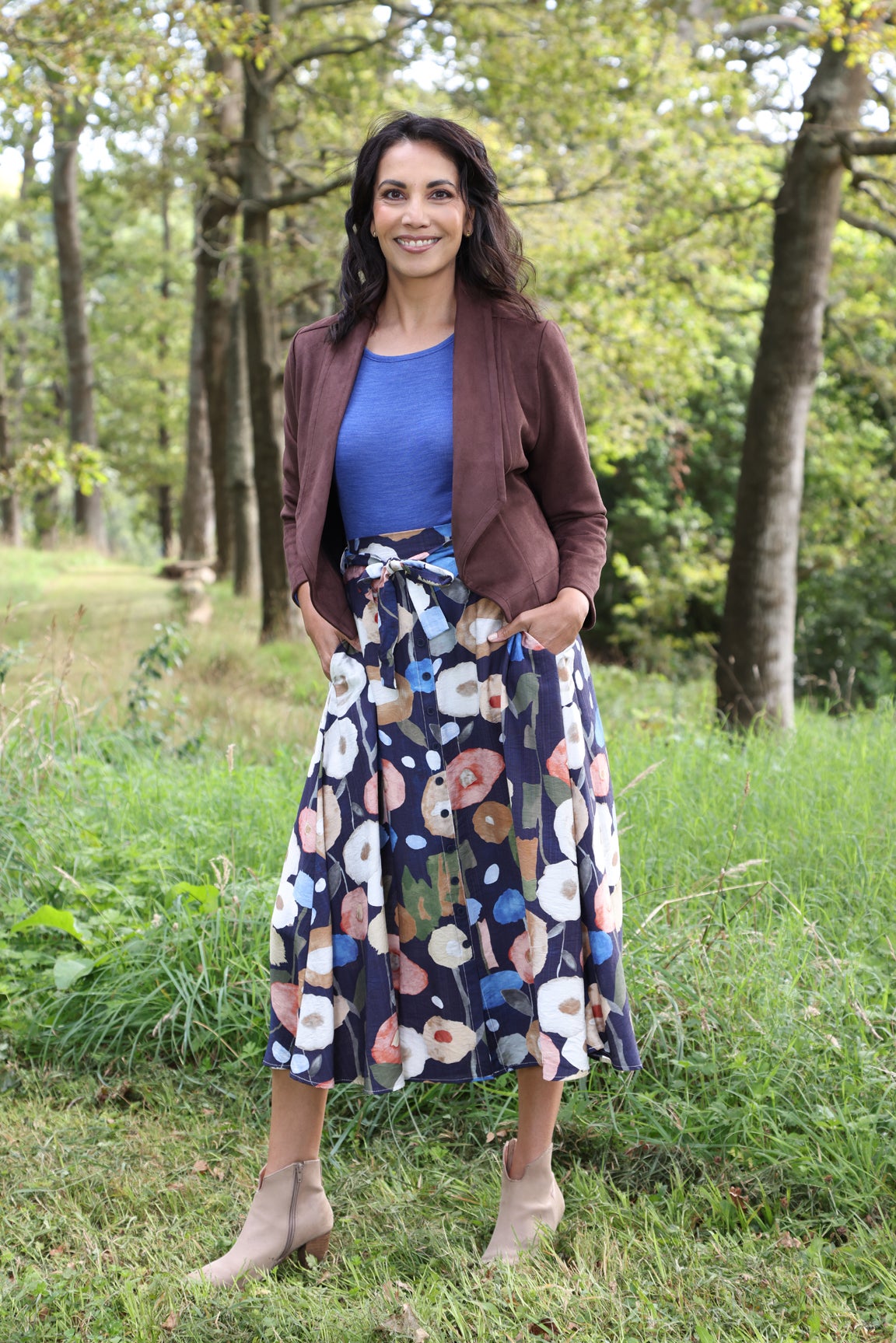 Printed Viscose Nylon Skirt in Navy | Caroline Eve