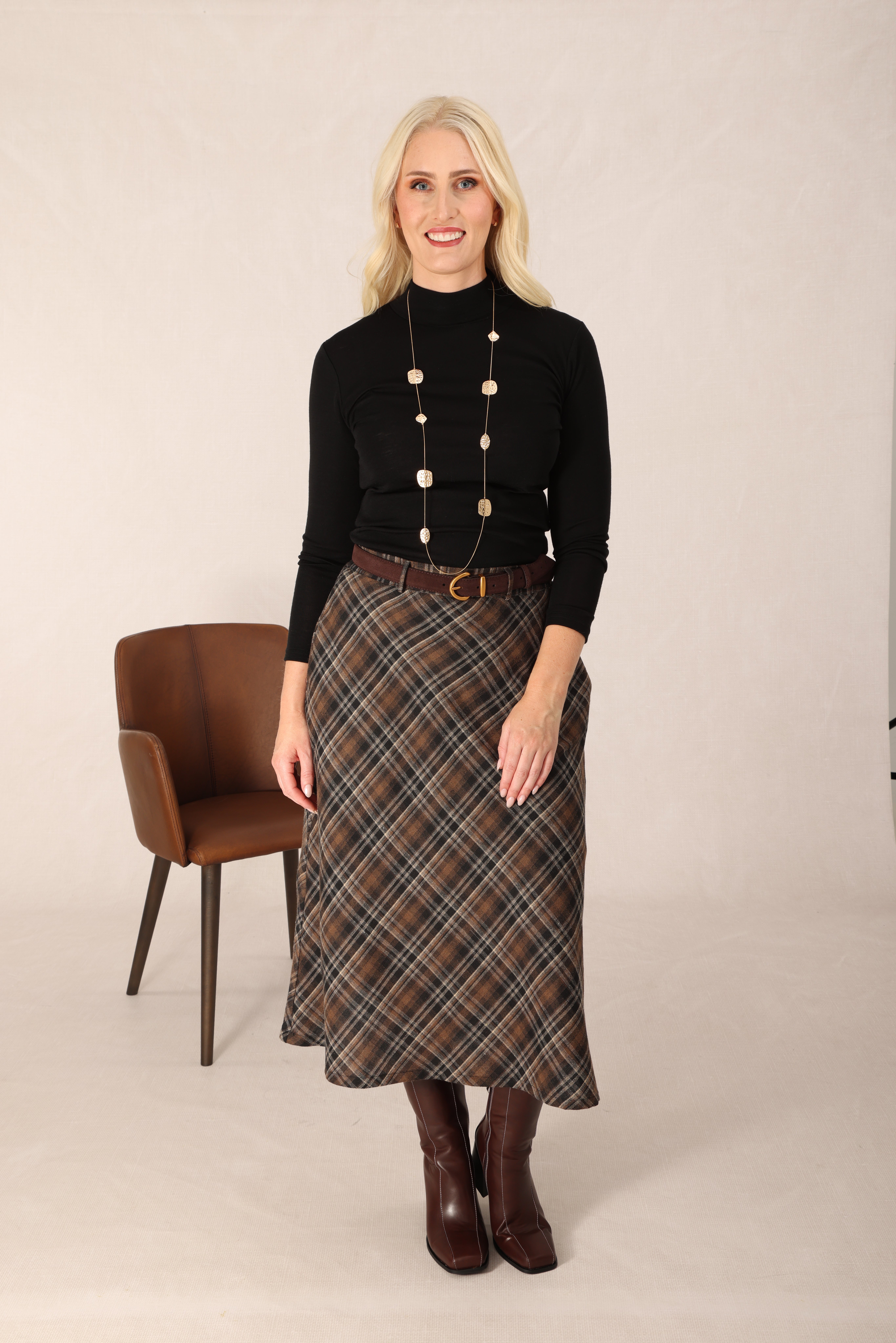Brushed Check Skirt in Brown | Caroline Eve