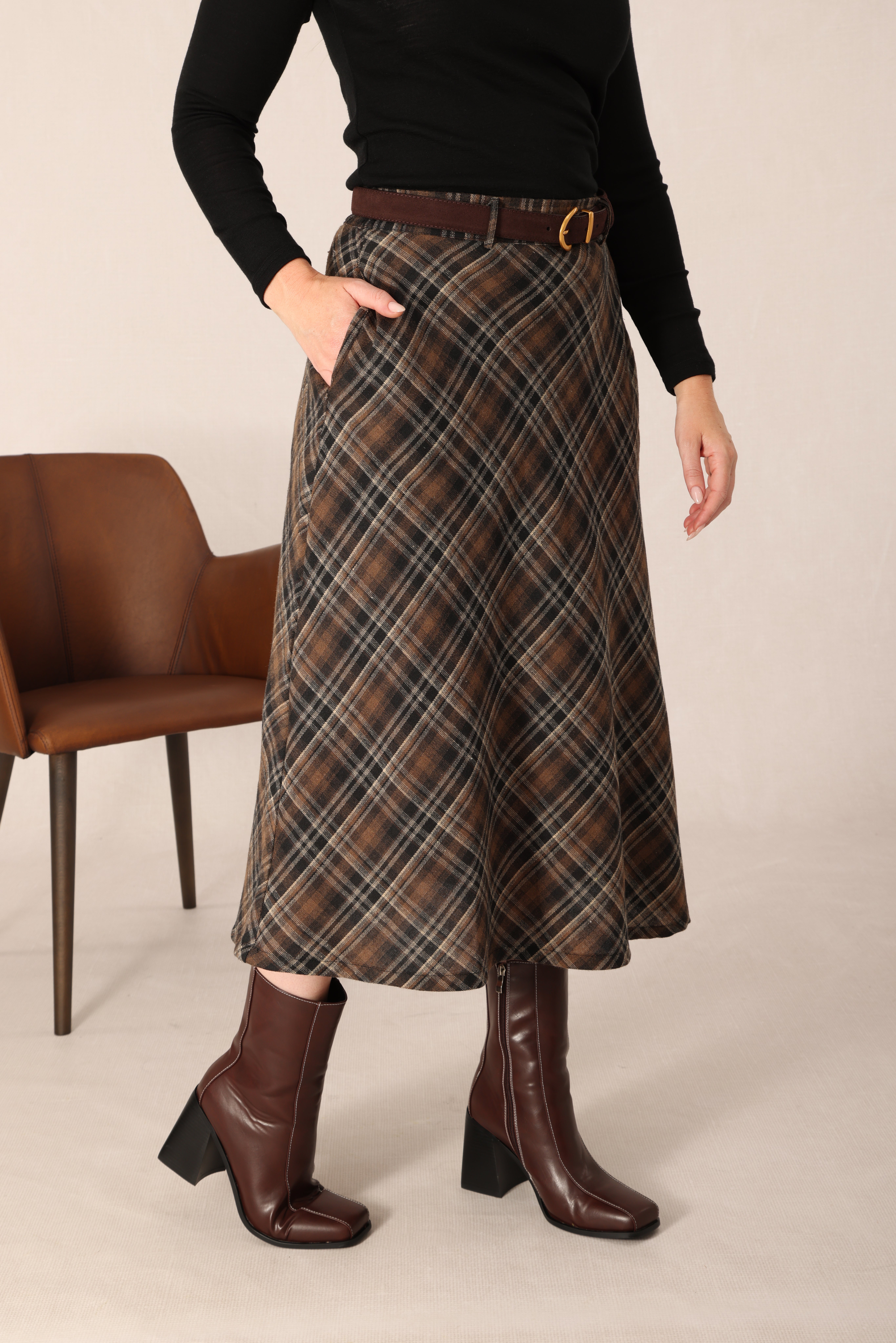 Brushed Check Skirt in Brown | Caroline Eve