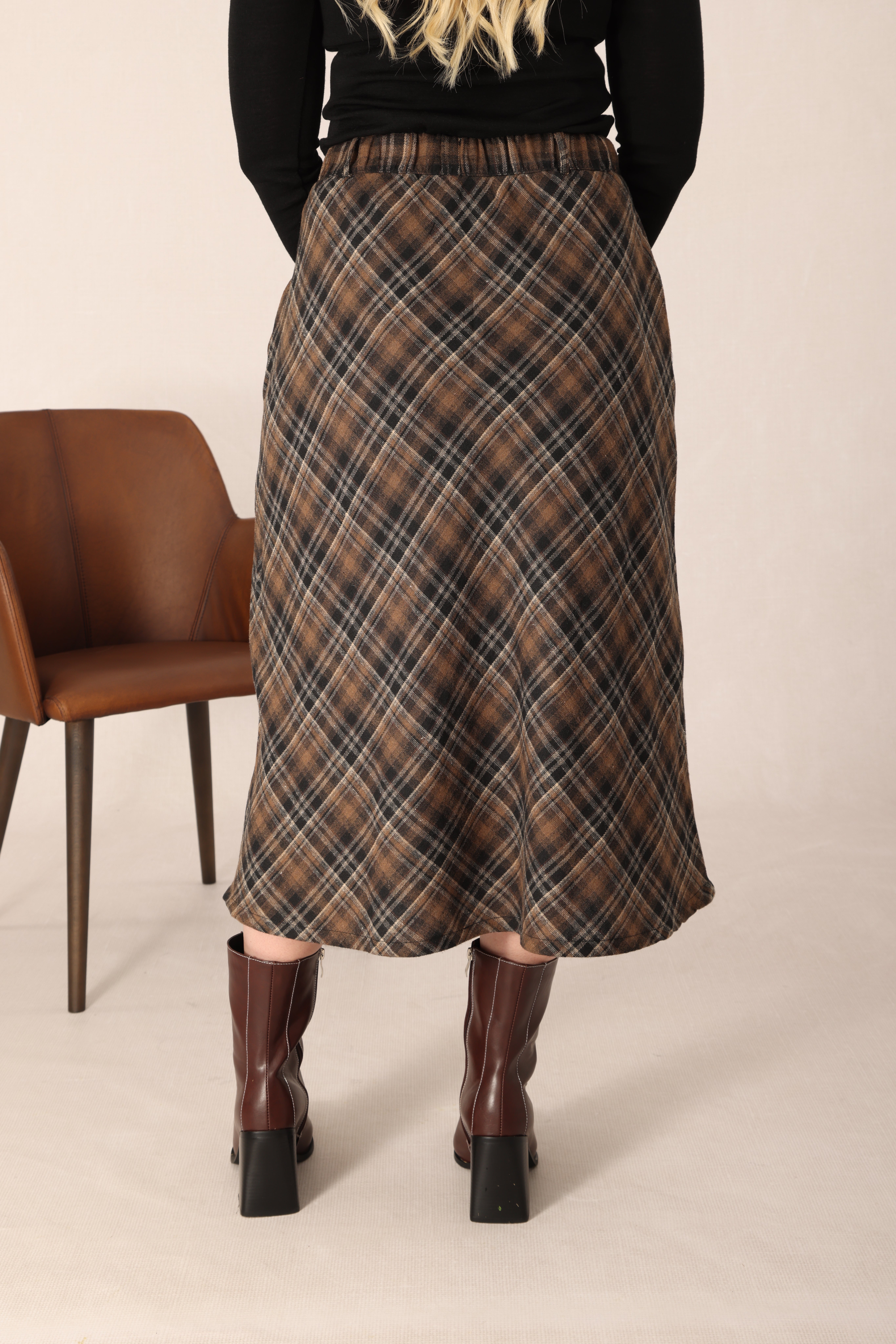 Brushed Check Skirt in Brown | Caroline Eve