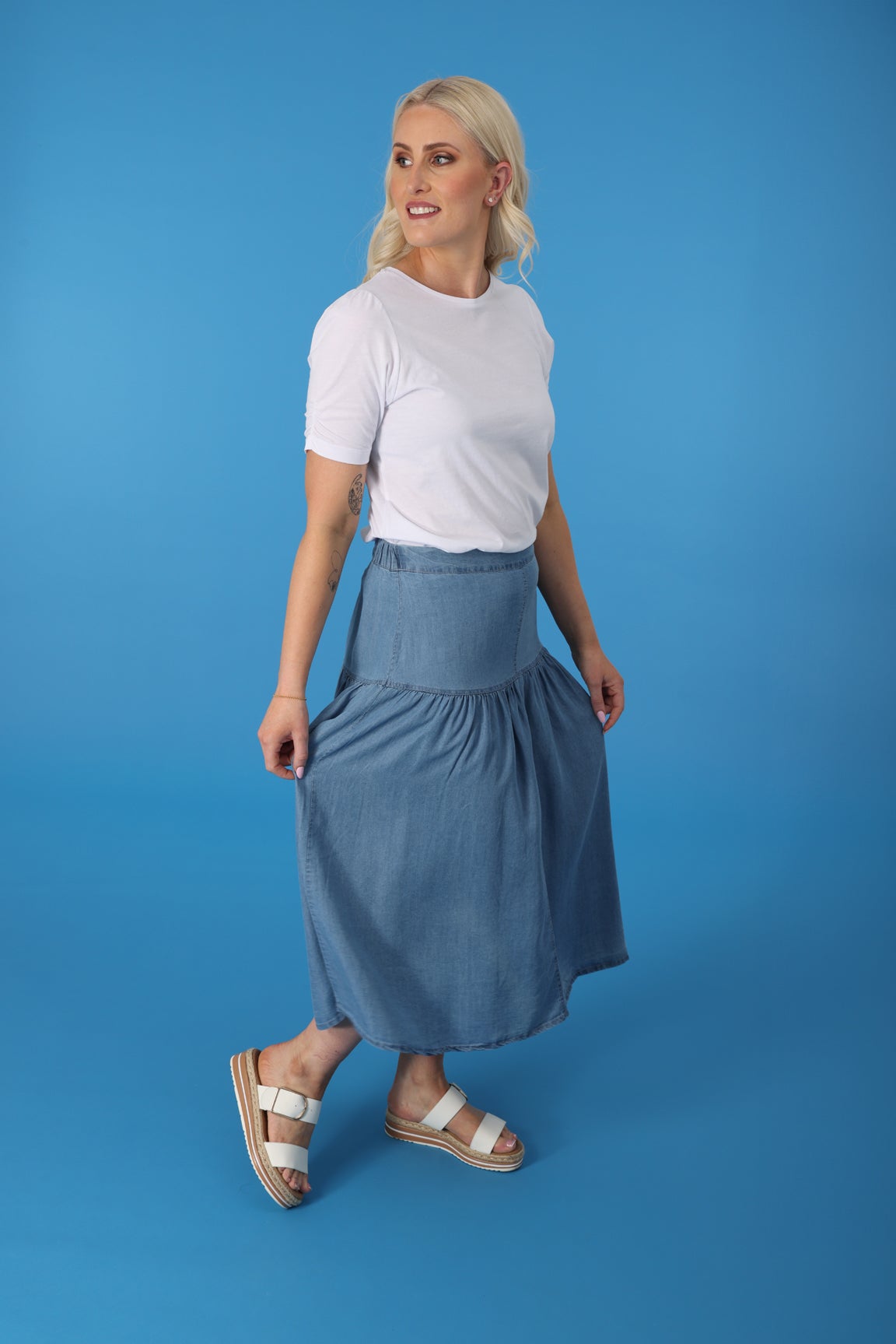 Tencel Chambray Skirt in Blue | Caroline Eve