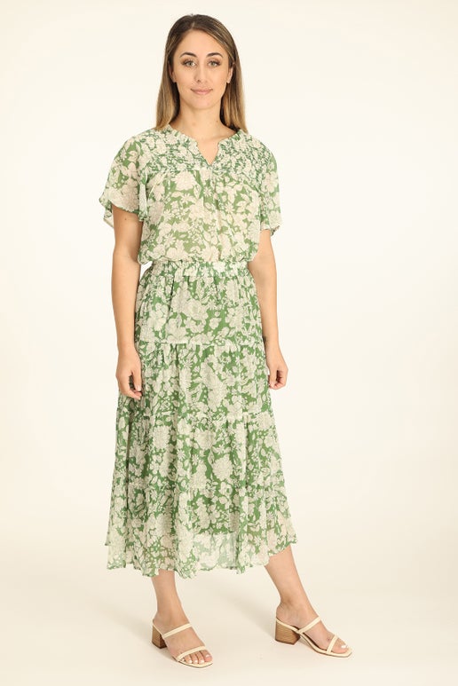 Printed Yoryu Chiffon Skirt in Green | Caroline Eve