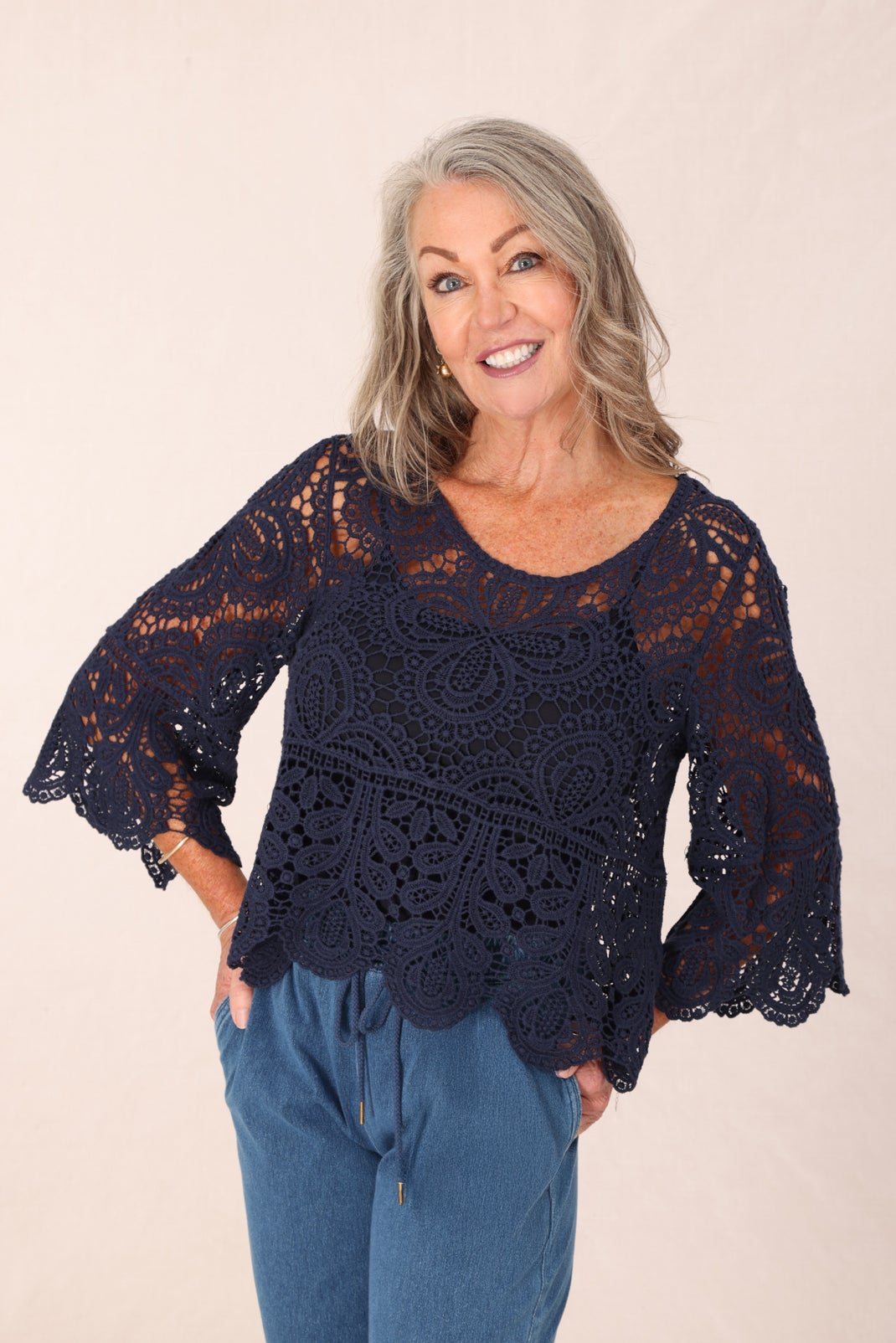 Crochet Cotton Top in Navy | Caroline Eve