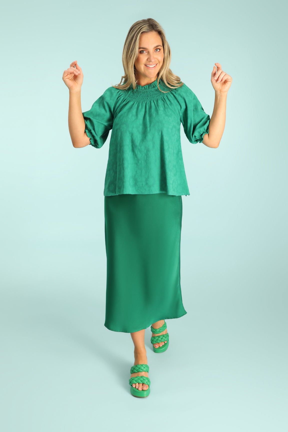Cotton Blend Floral Jacquard Top in Green | Caroline Eve