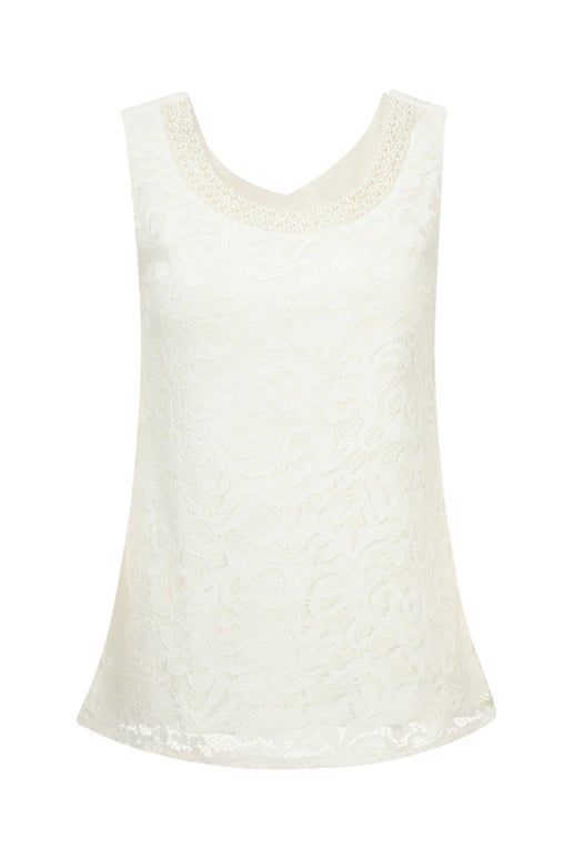 Evening Co-ord Beaded Neck Trim Top in Off White | Caroline Eve