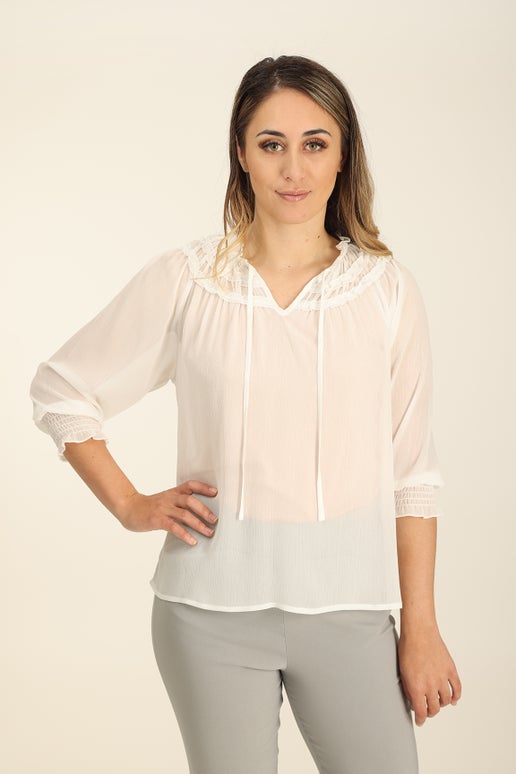 Petite 3/4 Sleeve Yoryu Chiffon Side Closure Blouse with Ruffle Neckline and Illusion Sleeves main image 1