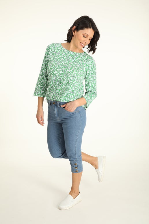 Printed Cotton Knit Top in Green | Caroline Eve