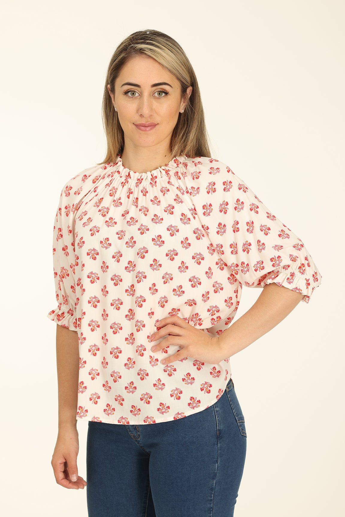 Printed Rayon Shirred Neck Top in White Caroline Eve