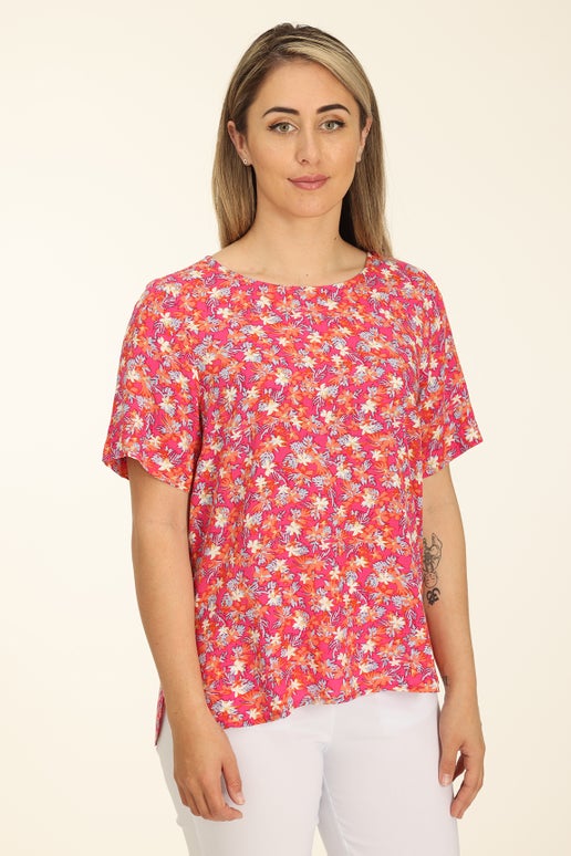 Printed Rayon Short Sleeve Top in Pink | Caroline Eve