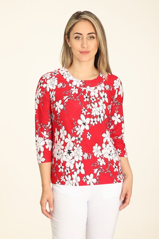 Printed Textured Knit Top in Red | Caroline Eve