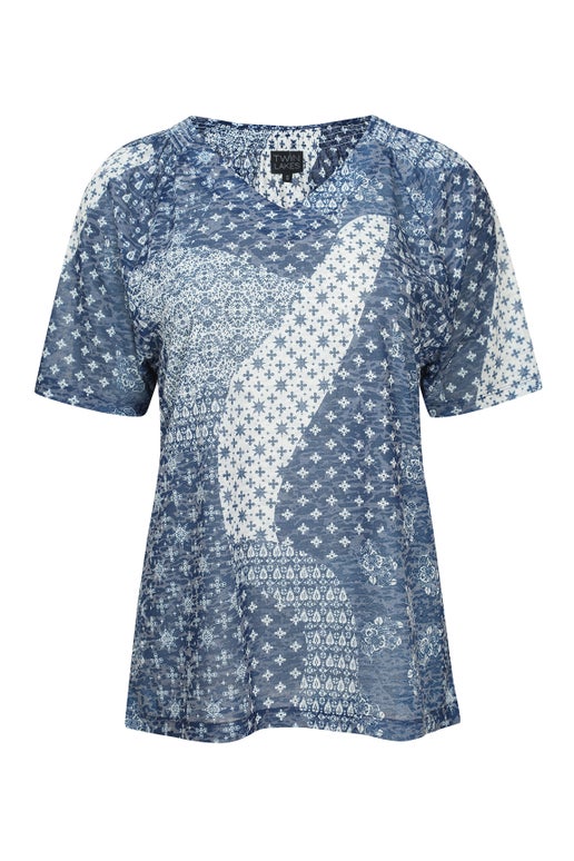 Printed Burnout Top Shirring Detail in Blue | Caroline Eve