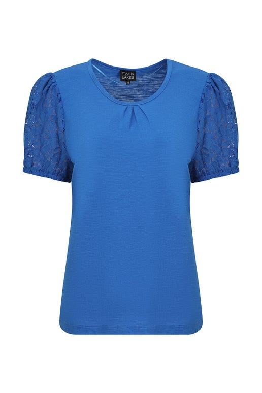 Cotton Rich Slub Top Lace Sleeve in Blue | Caroline Eve